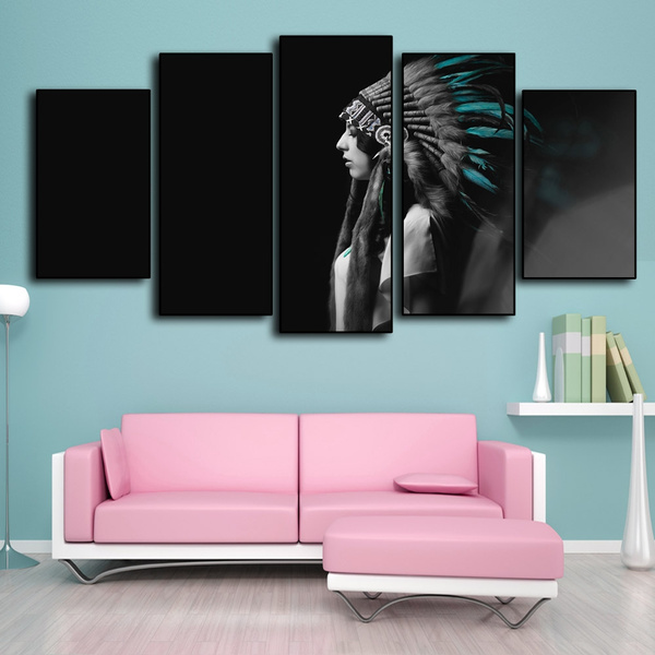 Minimalist Canvas Art Black And White Green Feather Headdress Native American Indian Girl Poster Hd Print Wall Pictures Figure Painting For Home Decor Living Room Wish - Native American Home Decor Ideas For Living Room
