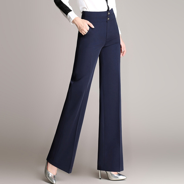 RQYYD Women's Plus Size Wide Leg Pants Pleated High Waisted Business Office  Work Trousers Long Straight Suit Pants(Navy,M) 