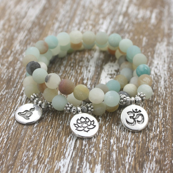 Matte Amazonite Stone Strand Bracelet Yoga Chakra Mala Bracelet Om Lotus Women Men Beaded Charm Bracelet Handmade Jewelry Wish