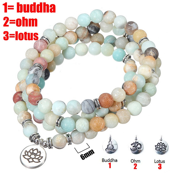 Men Women Matte Amazonite Stone OM Lotus Buddha Yoga Bracelets Chakra Mala Beads 