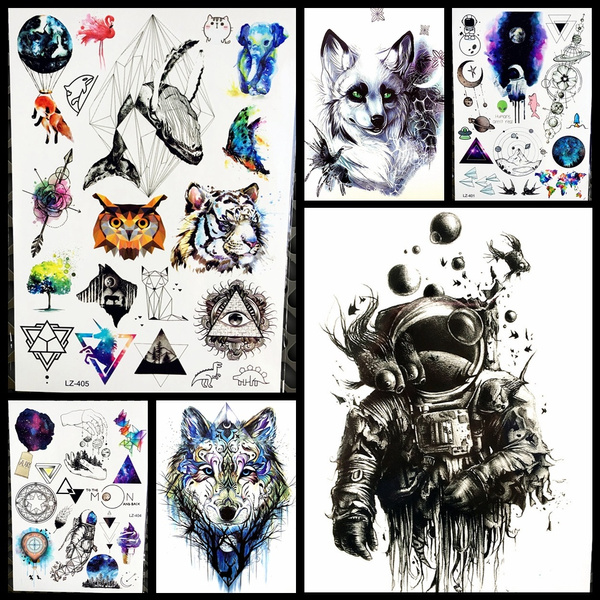 6 Pieces/Lot Geometric Astronaut Temporary Tattoo Flash Watercolor Triangle  Animals Body Arm Art Waterproof Fake Tattoo Stickers | Wish