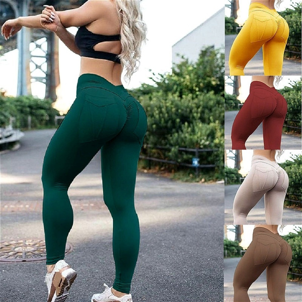 New Women Sexy Scrunch butt Leggings Candy Color Hip Pocket Push Up Butt  Leggings With Pockets Workout Fitness Skinny Pants