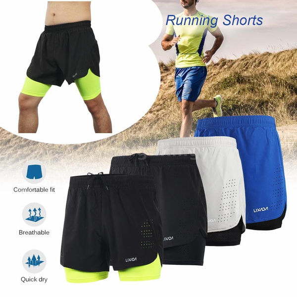 Lixada 2 in 1 shorts men Quick Drying Breathable Active Training Exercise Jogging Marathon Cycling Work-Out Shorts with Zipper Side Pockets Longer Liner & Reflective Elements 