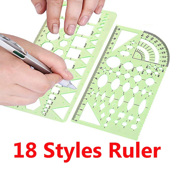 11 Piece Geometric Drawing Template Measuring Ruler Transparent Green Plastic Ruler with Portable Plastic Bag for for Studying Designing and Building 