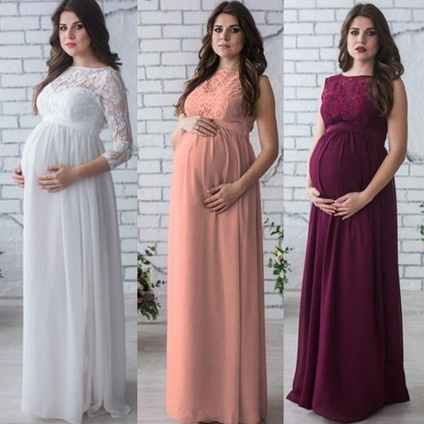 Women Floral Lace Chiffon Pregnancy Maternity Dress Maxi Long Dress ...