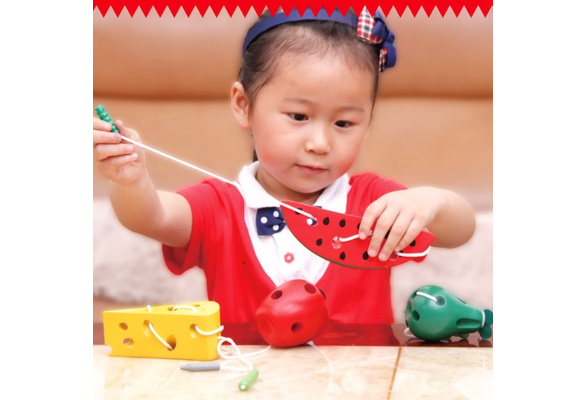Montessori Wooden Mouse Cheese Lacing Threading Fruits Baby Math Toys New 