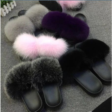Women Real Raccoon Fur Sandal Shoes Flat Slides Indoor Outerdoor Rubber Slippers 