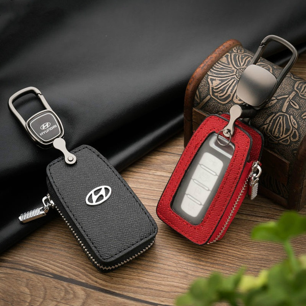 Black VILLSION Universal Car Key Holder Genuine Leather Case for Hyundai with Stainless Steel Hook Remote Key Fob Case with Metal Zipper Keychain Suit for Men Women
