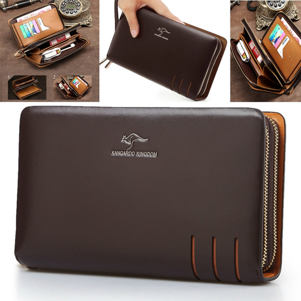 KANGAROO Brand Men Clutch Bag Fashion Leather Long Purse Double Zipper  Business Wallet Black Brown Male Casual Handy Bag