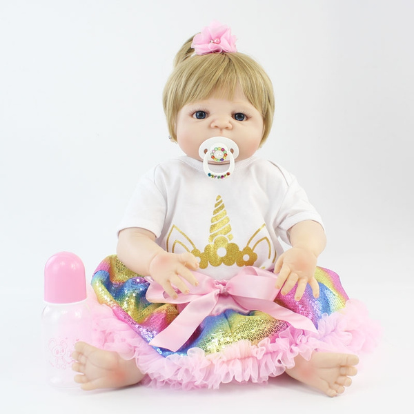 55cm Full Silicone Body Reborn Baby Blonde Girls Doll Toy Vinyl Newborn Princess Babies With Horse Clothes Alive Bebe Boneca Wish