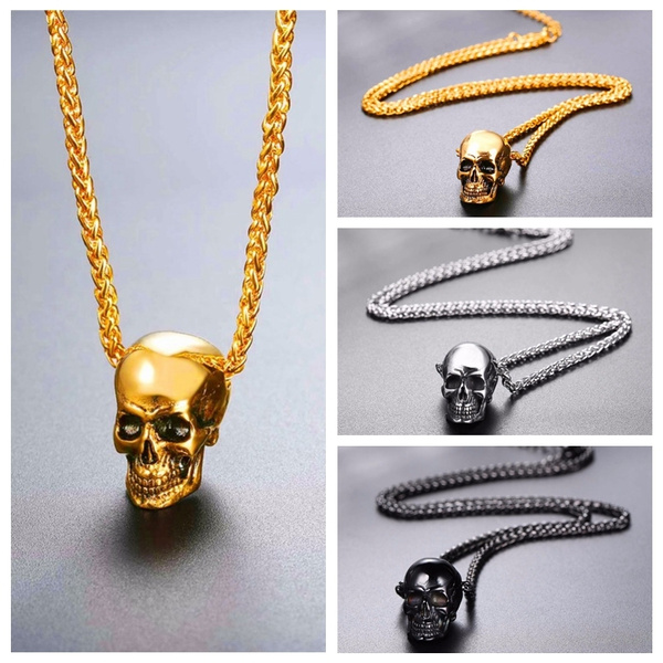 Stainless Steel Skull Head Charm Pendant Necklace Gold Silver Black ...