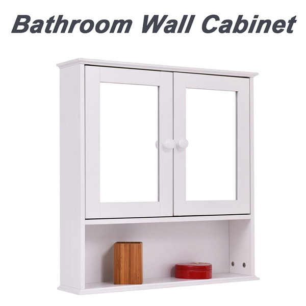 New Bathroom Wall Cabinet Double Mirror, White Bathroom Wall Cabinet Storage Cupboard With Mirror Wooden Shelves
