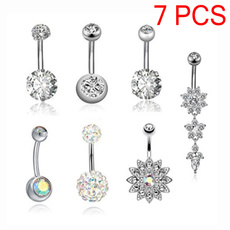 7PCS Fashion Ladies Silver Diamond Navel Rings Set Zircon Navel Nail Navel Buckle Belly Ring Fashion Jewelry Accessories for Women