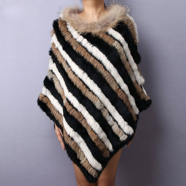 New Women Knitted Rabbit Fur Raccoon Collar Hit Color Fur Capes | Wish