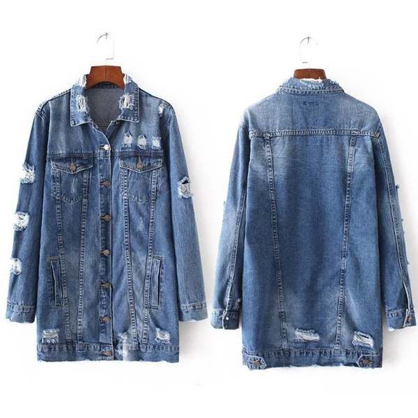 Ripped Button Up Oversized Denim Jacket