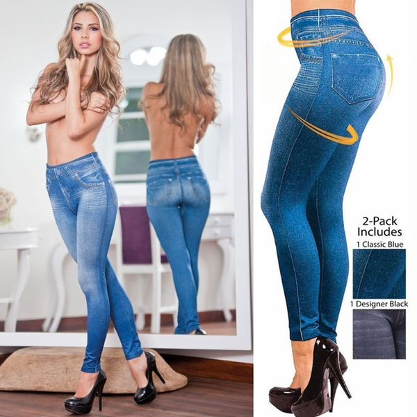 Women High Waist Faux Denim Jean Leggings Stretch Pencil Jeggings Pants  Trousers | eBay