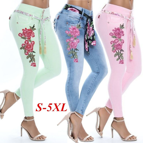 Skinny Floral Embroidered Jeans Pants Blue Denim Pants Blue 