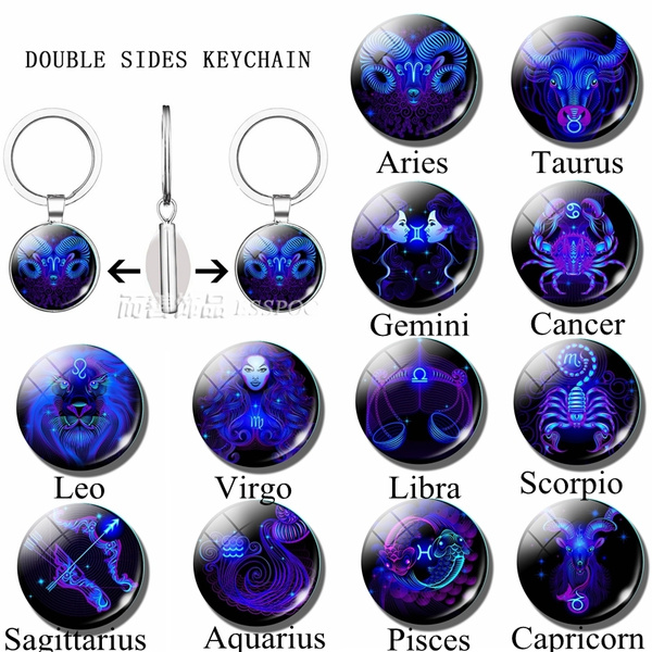 12 Constellation Zodiac Sign Double Face Keychain Aquarius Pisces