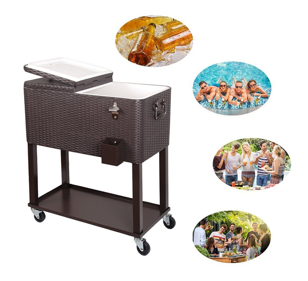 80 Quart Rolling Ice Chest Portable Party Bar Drink Entertaining Outdoor Patio Cooler Cart On Wheels With Shelf Brown Wicker Pattern Wish 80 Quart Rolling Ice Chest Portable, Patio Cooler On Wheels
