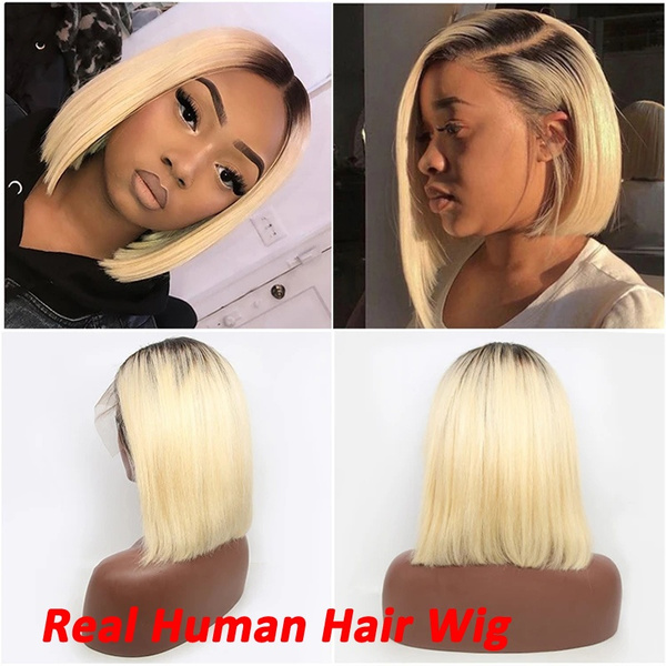 Charming Queen 1B 613 T Color Virgin Hair Short Bob Wigs Middle Part Lace Front Human Hair Wig