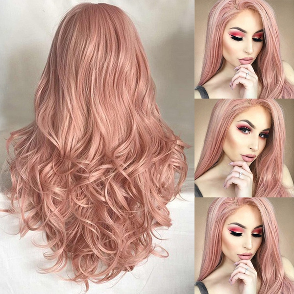 Rose Gold WIGS for WOMEN HAIRSTYLE ROSE GOLD PASTEL PINK WIG SYNTHETIC LONG CURLY WAVE WIG LADY PARTY WIGS