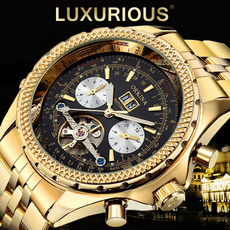 MG. ORKINA Brand Golden Mens Automatic Mechanical Wrist Watch Black Dial Glass Day Date Month Montre Male with Gift Box