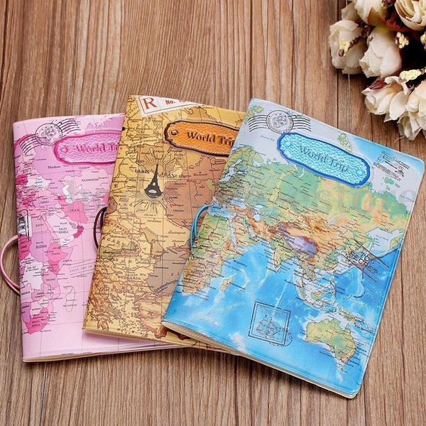 Leather World Map Passport Holder Organizer Travel Card Case Document