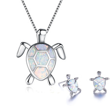 2018 High Quality Unique Creative Design 925 Sterling Silver Exquisite Turtle Animal Pendant Necklace And Earrings Mysterious White Fire Opal Necklace Jewelry Set For Women