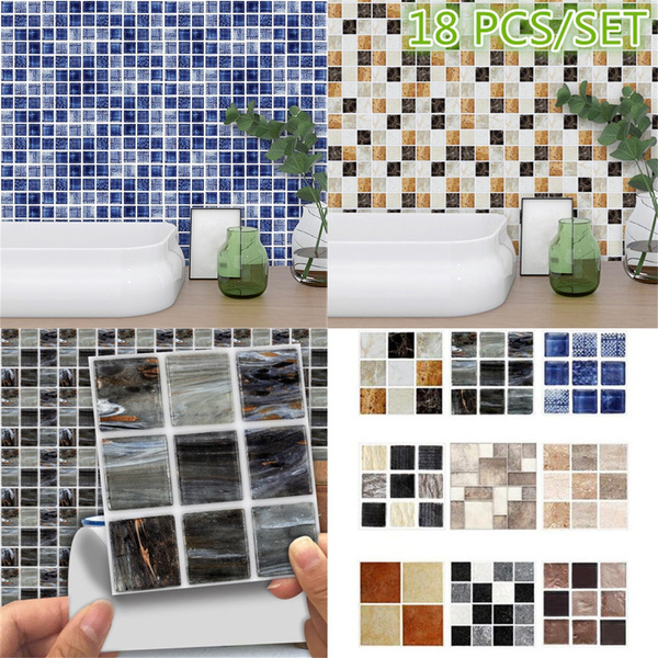 18pcs Wall Tile Stickers Kitchen Bathroom Mosaic Self-adhesive Decor 10*10cm Kit