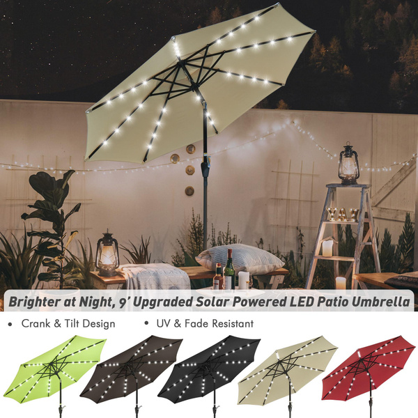 Andyes 9 Outdoor Solar Powered Led Umbrella 8 Ribs W 32 Lights For Patio Garden Deck Crank Tilt Uv30 Color Optional Wish