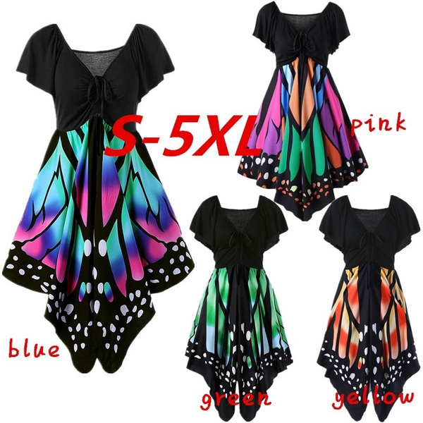 Plus Size Empire Waist Butterfly Pattern Dress - Black and Green S-5xl ...