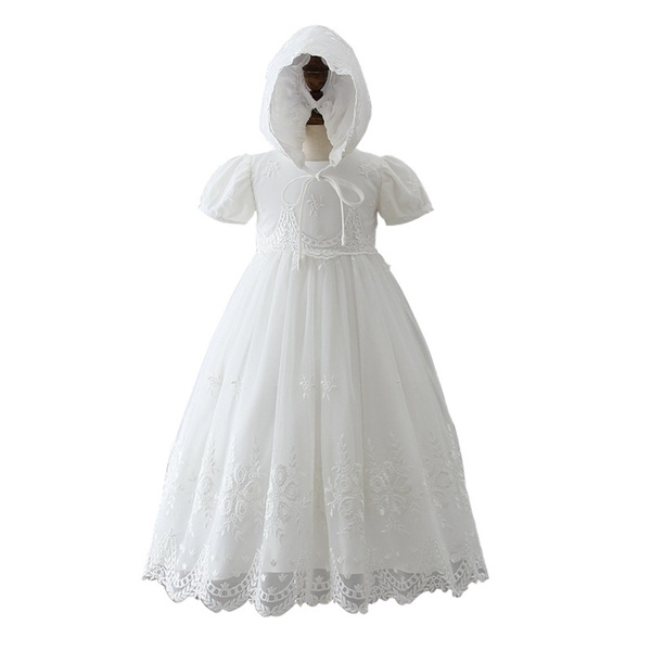 Girls White Satin Ribbon Tulle Christening Gown