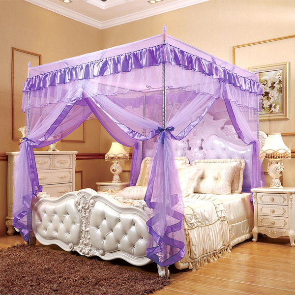 Purple Four Corner Square Mosquito Net, Mosquito Net Canopy Bed Frame