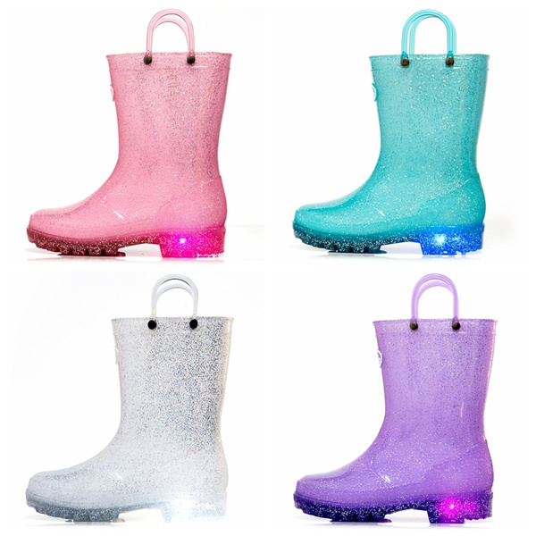 Outee Girls Kids Adorable Glitter Light Up Rain Boots 