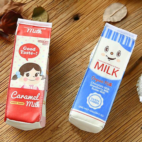 Creative Faux Leather Stationery Pen Bag Cute Milk Box Pencil Case Student  Back-to-school Gift