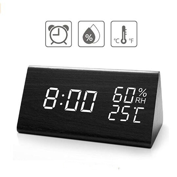 Digital Alarm Clock, with Wooden Electronic LED Time Display, 3-Alarm  Settings, Humidity and Temperature Detect