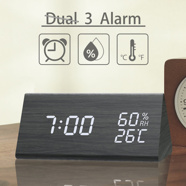 Digital Alarm Clock, with Wooden Electronic LED Time Display, 3-Alarm  Settings, Humidity and Temperature Detect