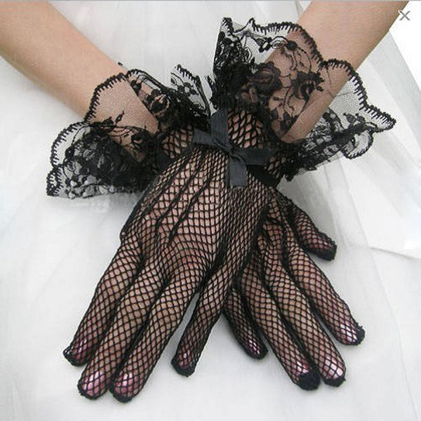 wedding dress with black gloves