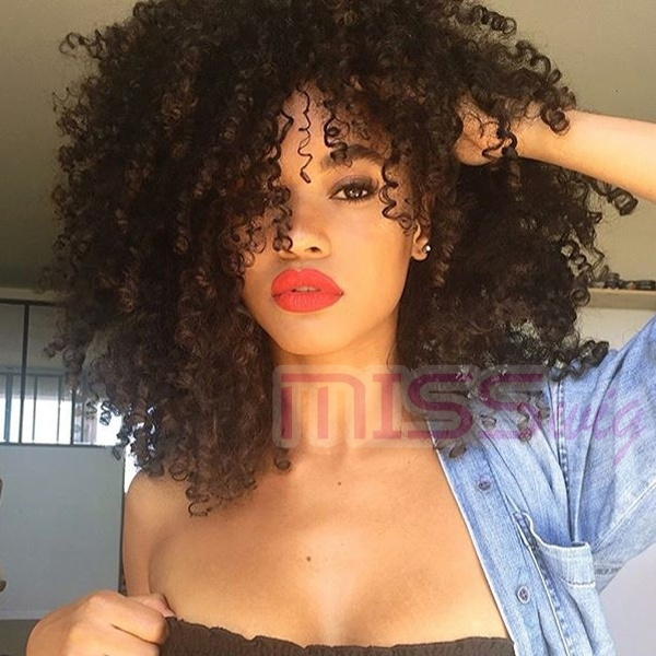 Short Side Fringe Fluffy Afro Curly Synthetic Wigs Color Black