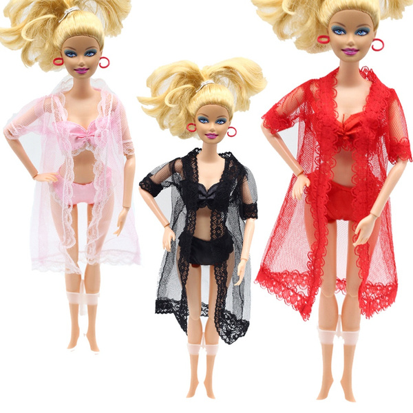 Doll Accessories Sexy Pajamas Lingerie Nightwear Lace Long Coat Night Wear  + Bra + Underwear Clothes for Barbie Doll