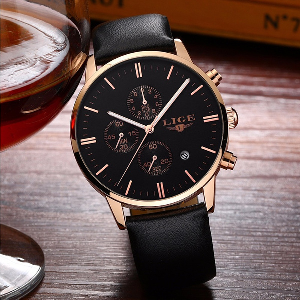 LIGE Reloj analógico de cuero para hombre, reloj de pulsera de cuarzo, para  citas, negocios, casual, impermeable, reloj deportivo, color negro y