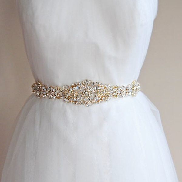 Gold Crystal Rhinestone Bridal Sash Wedding Dress Belts Gold