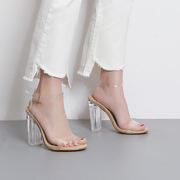 Verano Mujeres Sandalia bloque de n Alto Cristal transparente sandalias  transparente | Wish