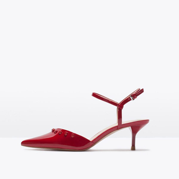red evening shoes low heel