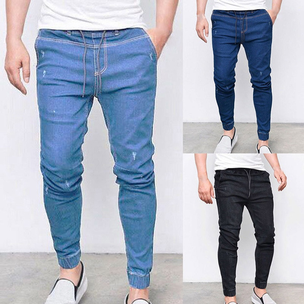 Men Casual Drawstring Skinny Jeans Stretch Denim Pants with Elastic Bottom Pencil Pants |