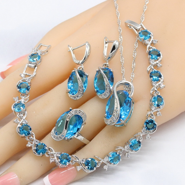 S Shape Sky Blue Crystal White Zirconia 925 Silver Bridal Jewelry Sets For  Women Necklace Pendant Earrings Rings Bracelets