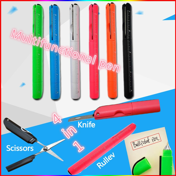 Ruler Candy Colours SEE VIDEO Multi-function Ballpoint Pen w/ Folding Scissors 