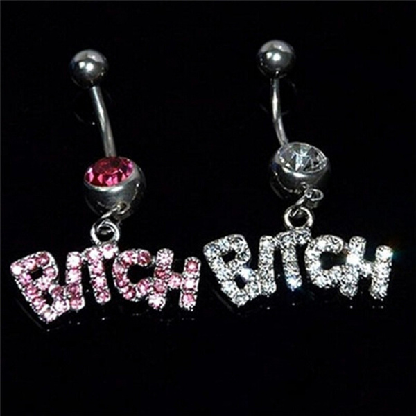 Bitch Letter Rhinestone Crystal Belly Button Navel Ring Barbell Surgical Steel
