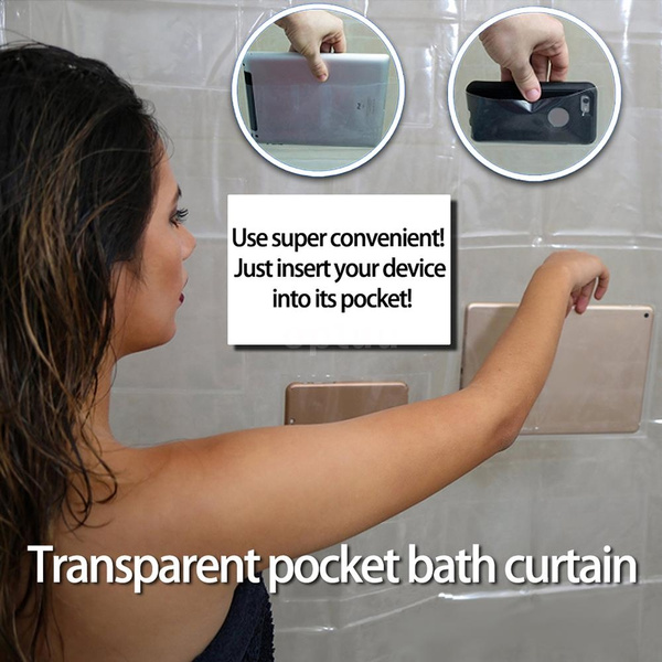 Multi Functional Phone Tablet Holder Clear Shower Curtain With Pockets For Touchscreen Devices Bathroom Wish Multi Functional Phone Tablet Holder, Shower Curtains With Pockets For Electronics
