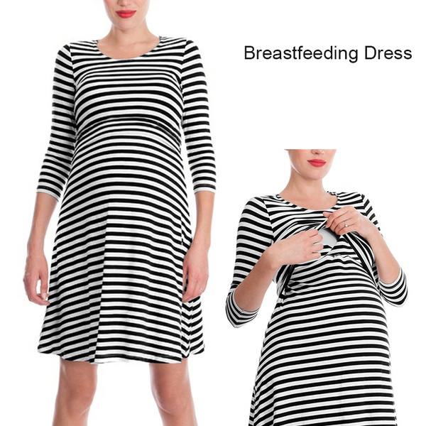 Women's Striped Dress Pregnant Maternity Nursing Breastfeeding Dress
